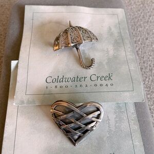 Bundle of 2 Coldwater Creek Silver Pins Umbrella and Heart Vase